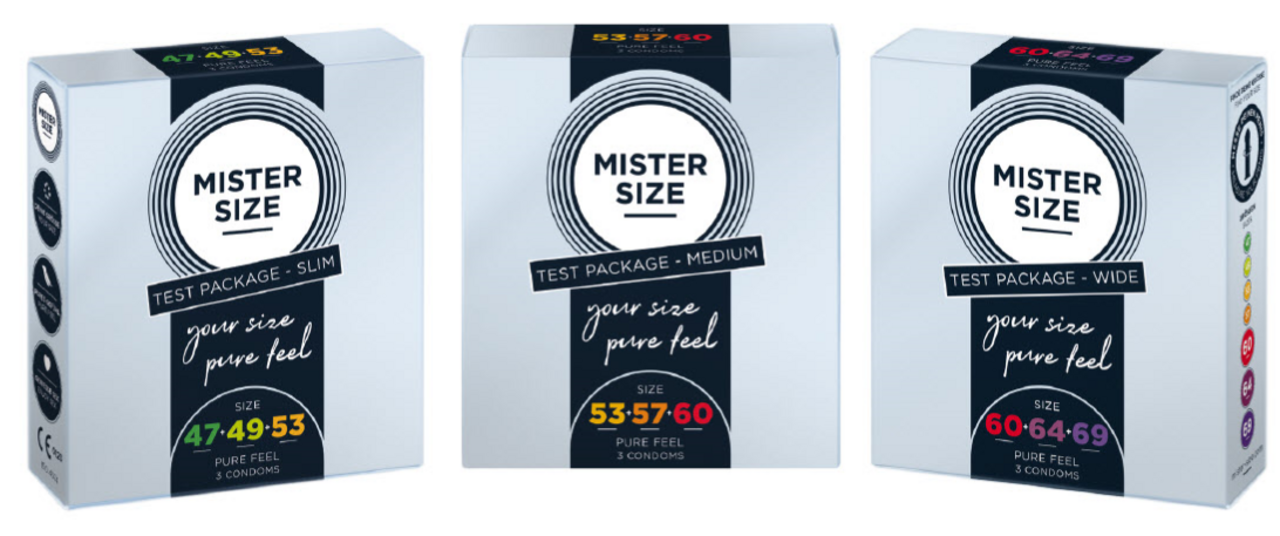Три различни тестови опаковки за презервативи Mister Size