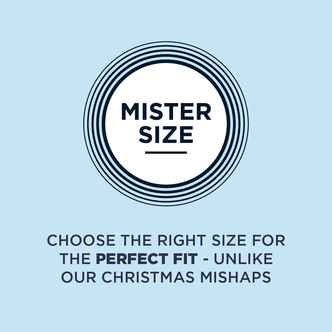 Логото на Mister Size с текст под него: Изберете правилния размер за перфектно прилягане